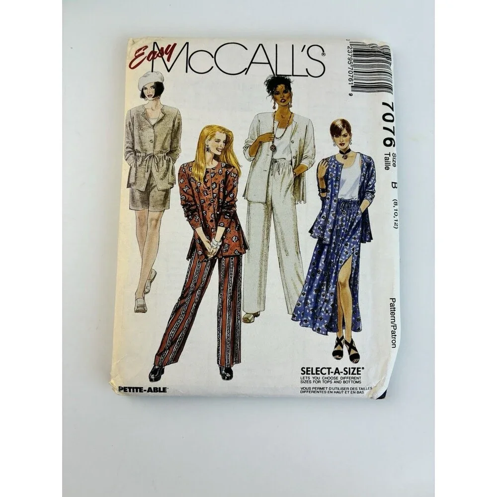 Jacket Skirt Pants Shorts Top Size 8-12 Uncut Pattern 7076 Vintage 90s Relaxed